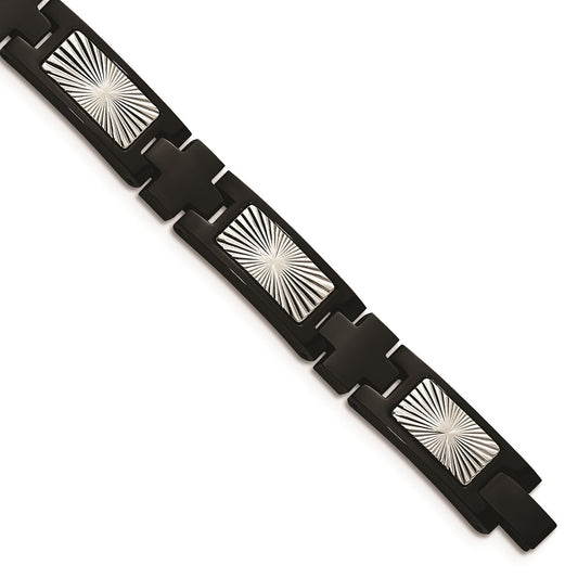 Chisel Brand Jewelry, Stainless Steel Polished and Textured Black IP-plated 8.5in Link Men's Bracelet