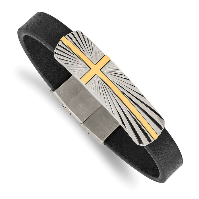 Chisel Brand Jewelry, Stainless Steel Polished Yellow IP Cross Black Leather with .5in ext Men's Bracelet