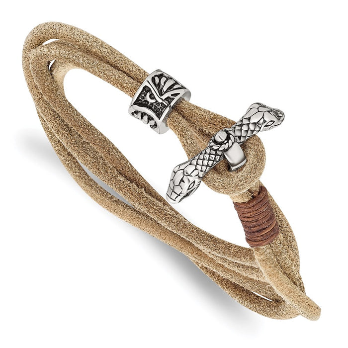 Chisel Brand Jewelry, Stainless Steel Antiqued & Polished Snake Heads Leather 16in Wrap Bracelet