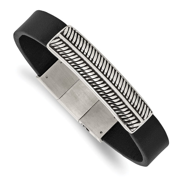 Chisel Brand Jewelry, Stainless Steel Antiqued and Polished Black Leather with .5in ext 8in Bracelet