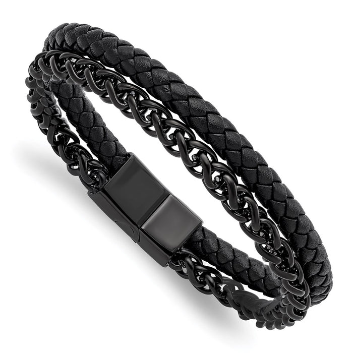 Chisel Brand Jewelry, Stainless Steel Polished Black IP-plated Chain Black Leather 8.5in Men's Bracelet