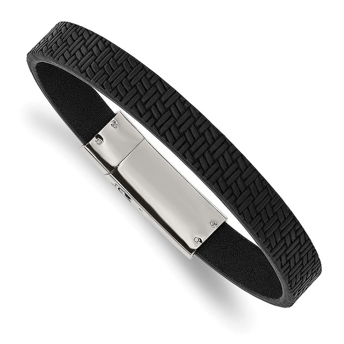 Chisel Brand Jewelry, Stainless Steel Polished Textured Black Leather 8.5in Men's Bracelet