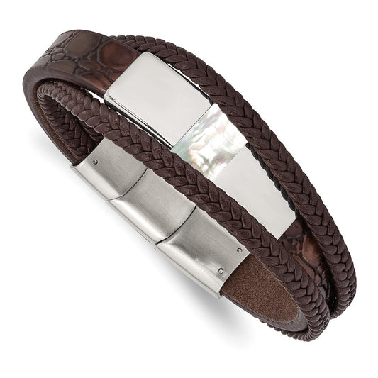 Chisel Brand Jewelry, Stainless Steel Polished with Shell Pearl Leather with .5in ext. 8in Bracelet