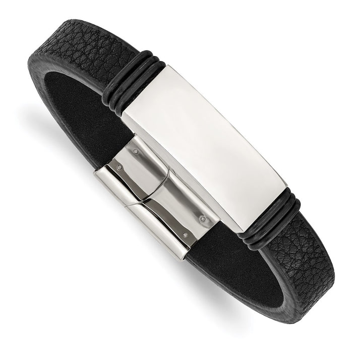 Chisel Brand Jewelry, Stainless Steel Polished Black Rubber and Leather 8.5in ID Men's Bracelet