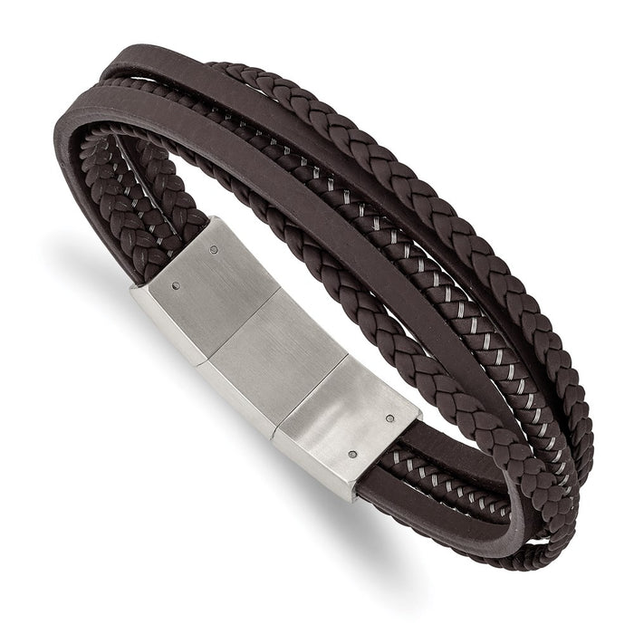 Chisel Brand Jewelry, Stainless Steel Brushed Brown Braided Leather & Wire with .5in ext Men's Bracelet