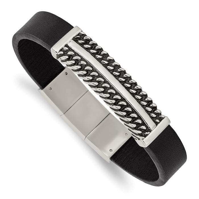 Chisel Brand Jewelry, Stainless Steel Antiqued & Polished Black Leather with .5in ext 8in Bracelet