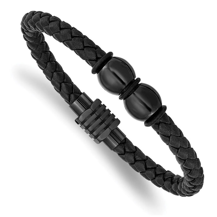 Chisel Brand Jewelry, Stainless Steel Polished Black IP Black Rubber and Leather 8.25in Bracelet