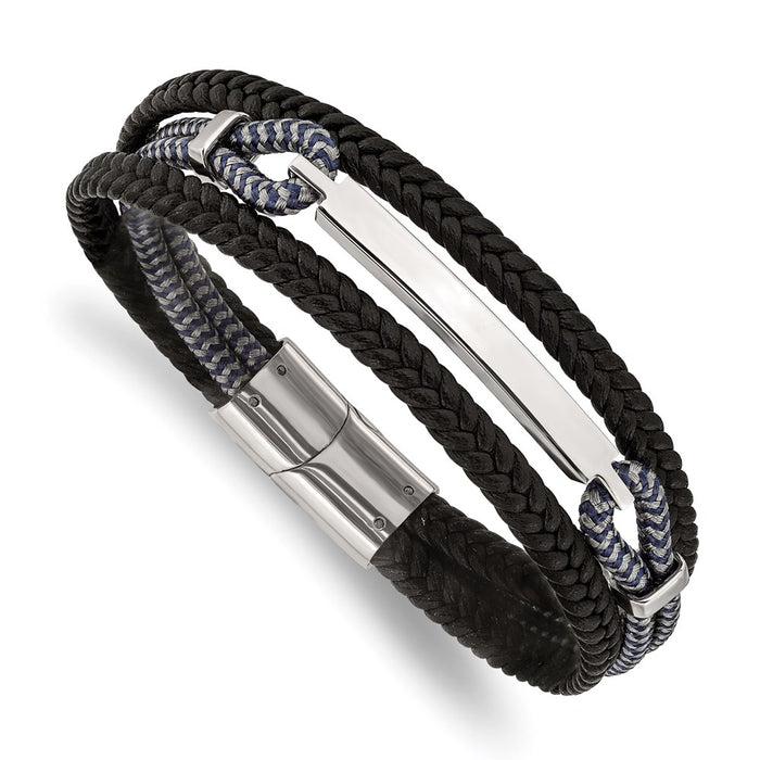 Chisel Brand Jewelry, Stainless Steel Polished Leather and Cotton Multi Strand 8.25in ID Men's Bracelet