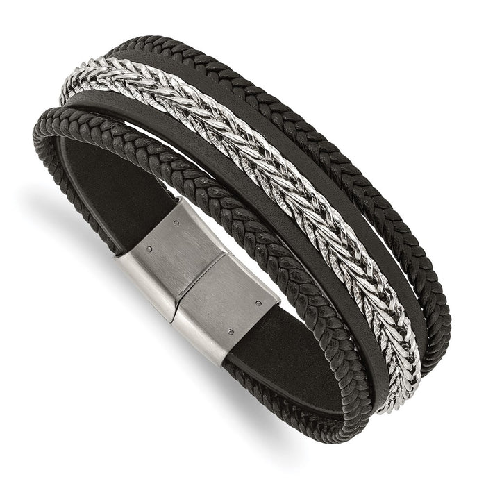 Chisel Brand Jewelry, Stainless Steel Polished Multi Strand Black Leather 8.5in Men's Bracelet