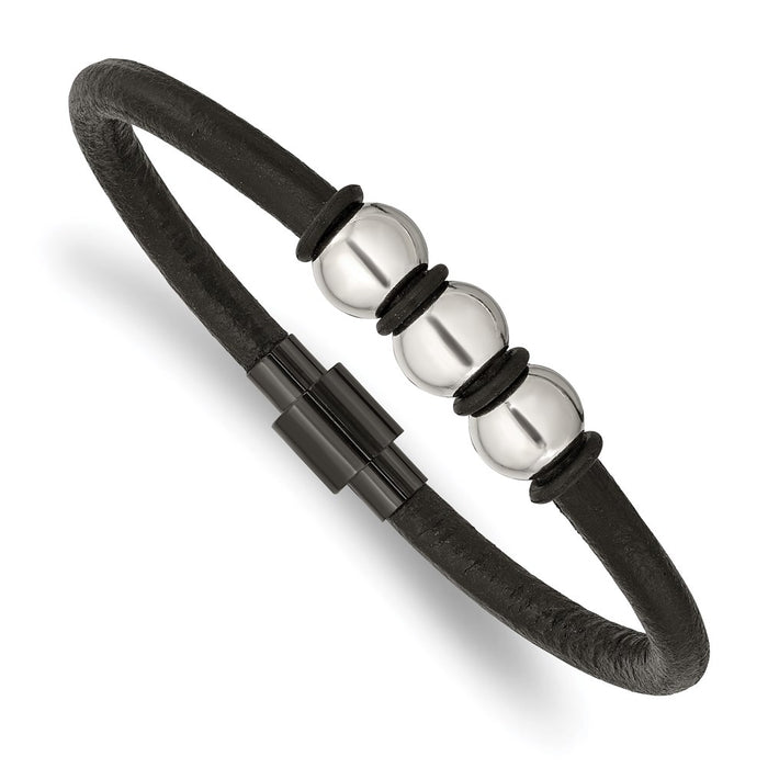 Chisel Brand Jewelry, Stainless Steel Polished Black IP with Rubber Black Leather 8.5in Bracelet