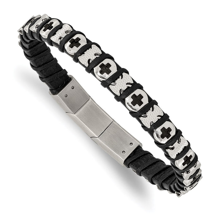 Chisel Brand Jewelry, Stainless Steel Polished Cross Black Leather with .5in ext 8in Bracelet