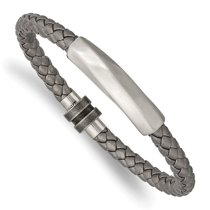Chisel Brand Jewelry, Stainless Steel Antiqued and Brushed Grey Leather 8.25in Men's Bracelet