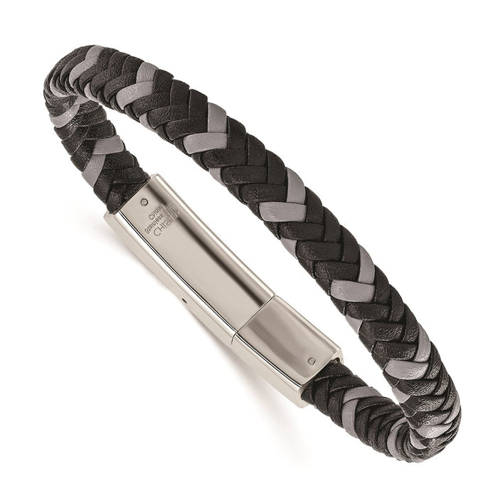 Chisel Brand Jewelry, Stainless Steel Polished Black and Grey Braided Leather 8in Bracelet
