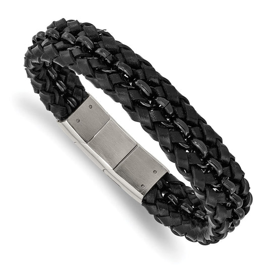 Chisel Brand Jewelry, Stainless Steel Polished Black IP-plated Black Leather with .5in ext Bracelet