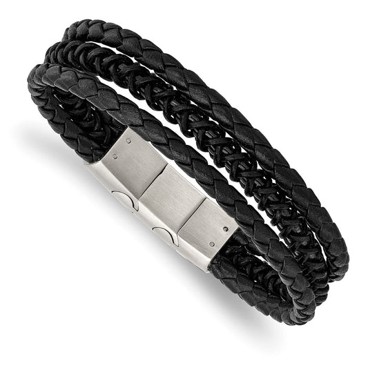 Chisel Brand Jewelry, Stainless Steel Brushed & Polished Black IP Leather with .5in ext Bracelet