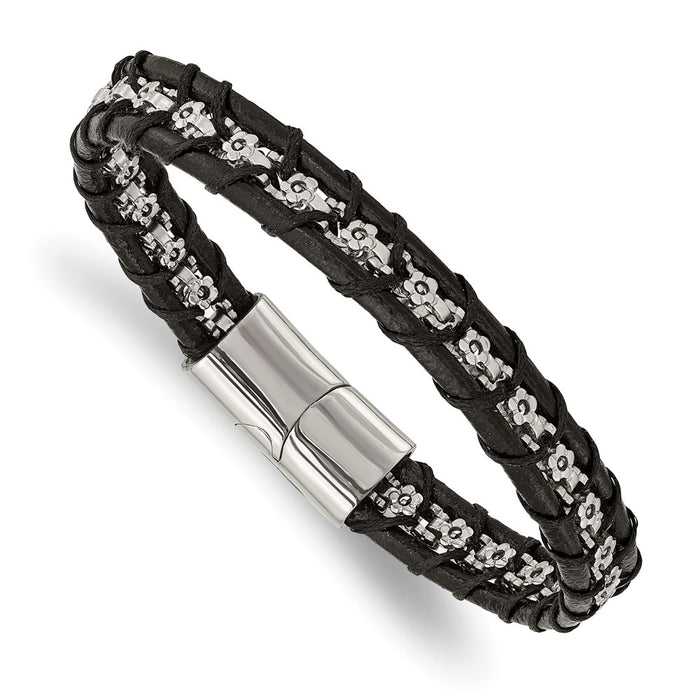 Chisel Brand Jewelry, Stainless Steel Polished Flower Link Black Leather 8.25in Men's Bracelet