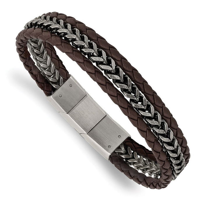 Chisel Brand Jewelry, Stainless Steel Antiqued and Brushed Brown Leather with .5in ext Men's Bracelet