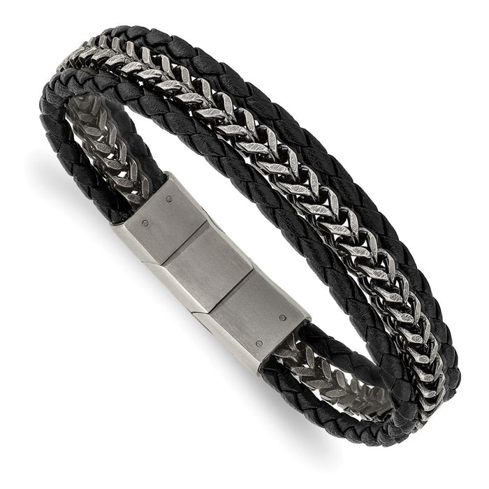 Chisel Brand Jewelry, Stainless Steel Antiqued & Brushed Black Leather with .5in ext 8.25in Men's Bracelet
