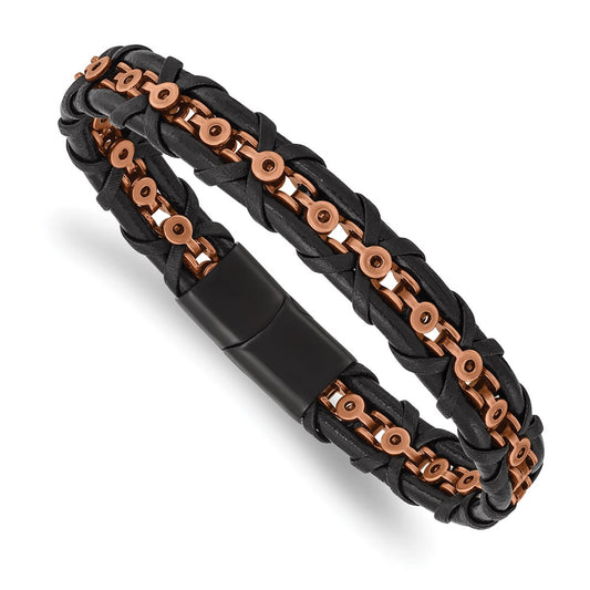 Chisel Brand Jewelry, Stainless Steel Antiqued & Polished Rose IP-plated Leather 8.5in Men's Bracelet