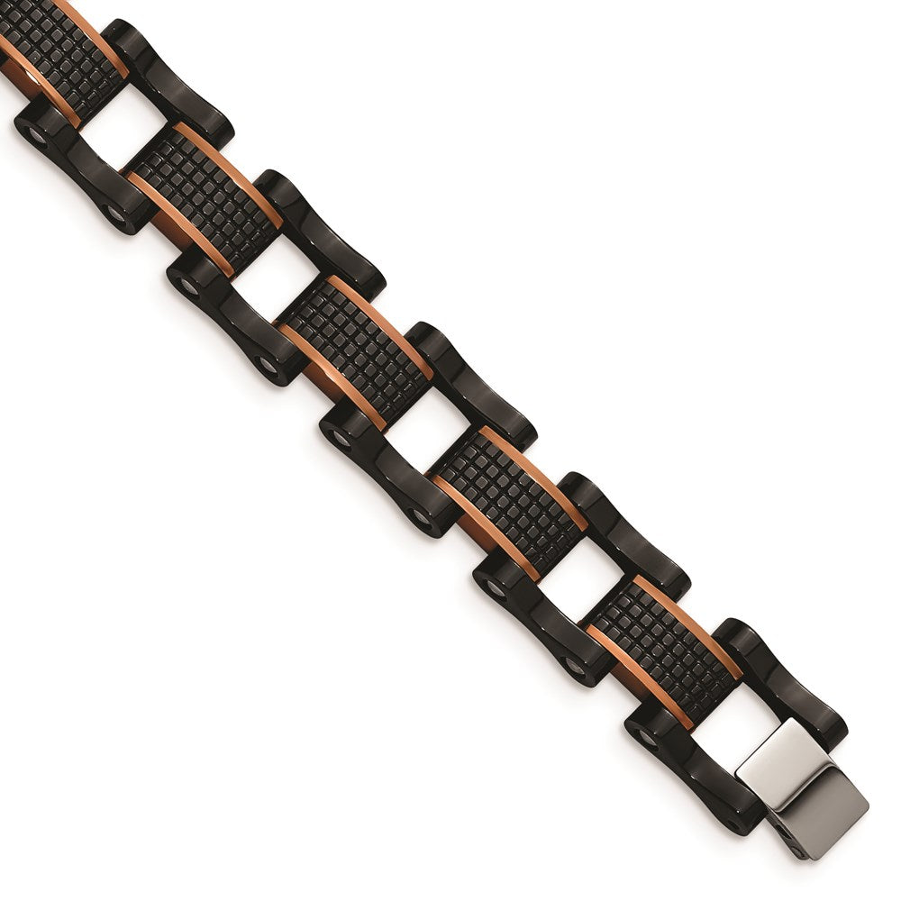 Chisel Brand Jewelry, Stainless Steel Polished & Textured Black & Brown IP 8.25in Link Bracelet