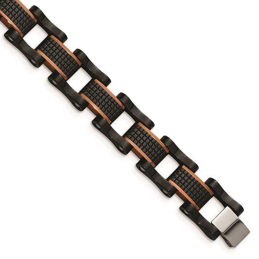 Chisel Brand Jewelry, Stainless Steel Polished & Textured Black & Brown IP 8.25in Link Bracelet