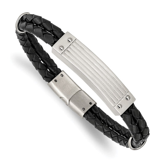 Chisel Brand Jewelry, Stainless Steel Polished Black Woven Leather 2 Strand 8.25in Men's Bracelet