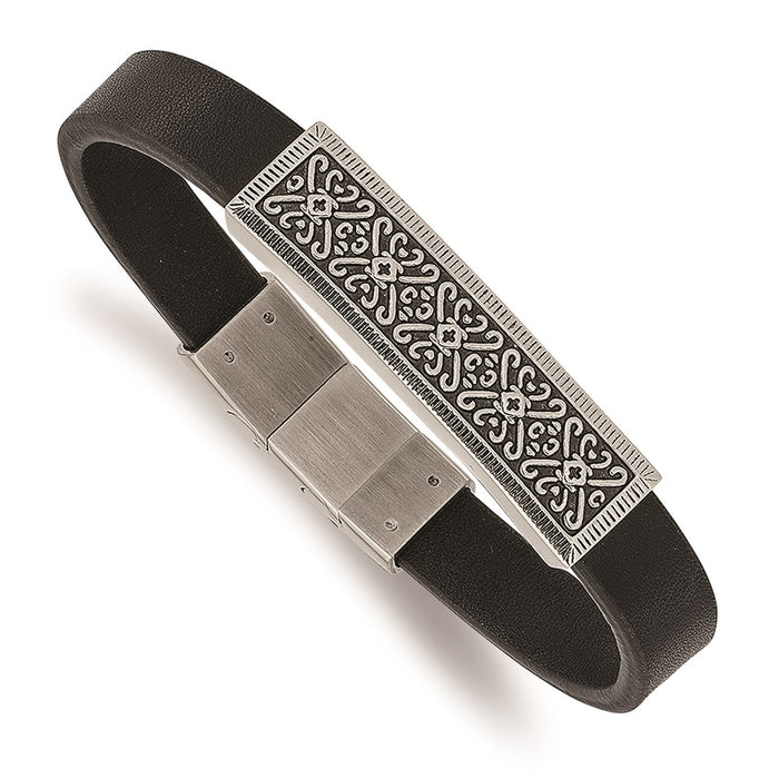 Chisel Brand Jewelry, Stainless Steel Antiqued & Polished Black Leather with .5in ext 8in Bracelet