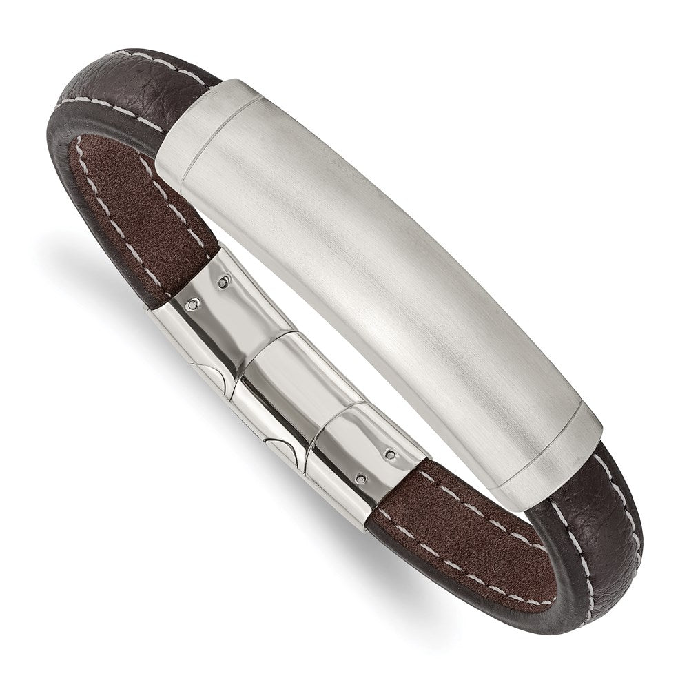 Chisel Brand Jewelry, Stainless Steel Brushed Dark Brown Leather with .5in ext 8in ID Men's Bracelet