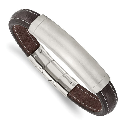 Chisel Brand Jewelry, Stainless Steel Brushed Dark Brown Leather with .5in ext 8in ID Men's Bracelet