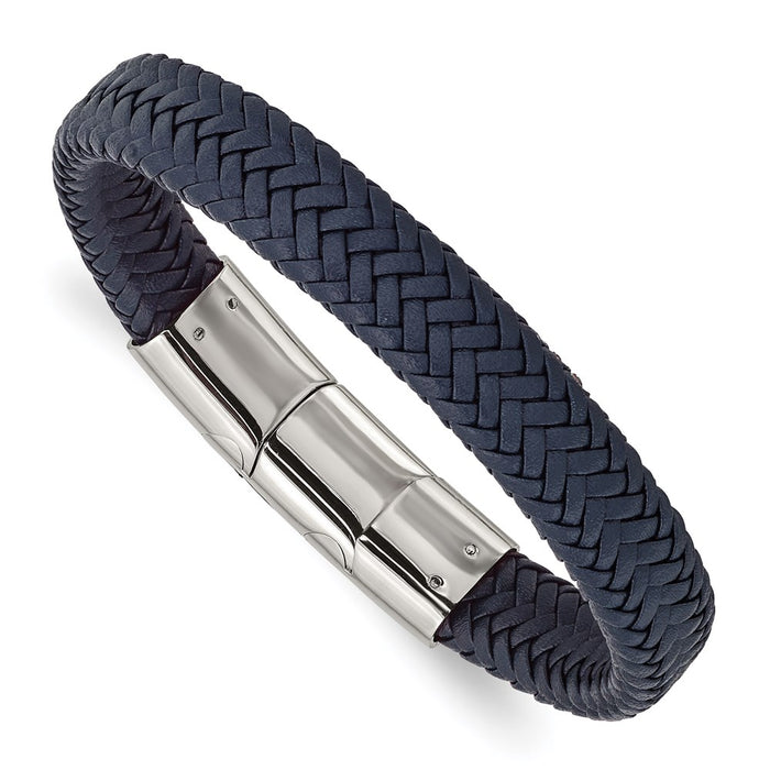 Chisel Brand Jewelry, Stainless Steel Polished Navy Blue Leather with .5in ext 7.75in Bracelet