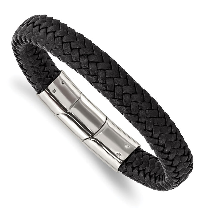 Chisel Brand Jewelry, Stainless Steel Polished Black Woven Leather with .5in ext 8in Bracelet