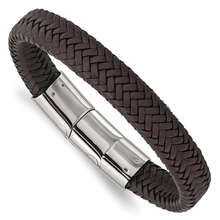 Chisel Brand Jewelry, Stainless Steel Polished Woven D.Brown Leather with .5in ext 8in Bracelet