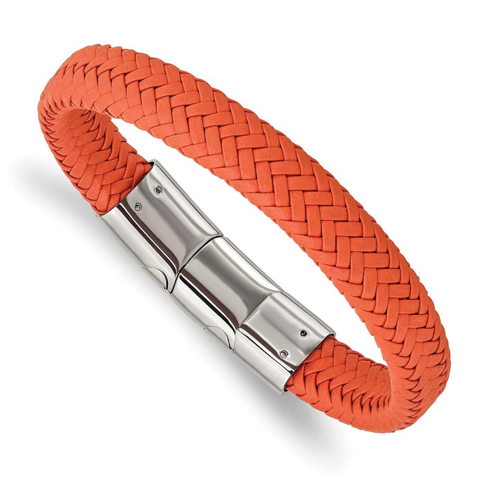 Chisel Brand Jewelry, Stainless Steel Polished Orange Woven Leather with .5in ext 8in Bracelet