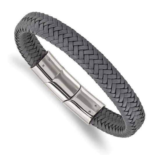 Chisel Brand Jewelry, Stainless Steel Polished Grey Woven Leather with .5in ext 8in Bracelet