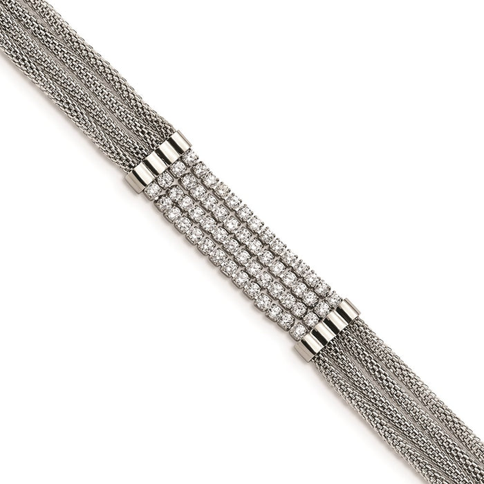 Chisel Brand Jewelry, Stainless Steel Polished with CZ Multi Strand with 1.5in ext 6.5in Bracelet