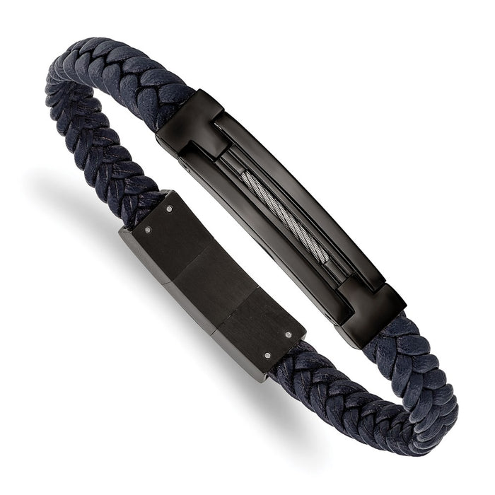 Chisel Brand Jewelry, Stainless Steel Polished Black IP Navy Blue Leather with .5in ext 8in Men's Bracelet