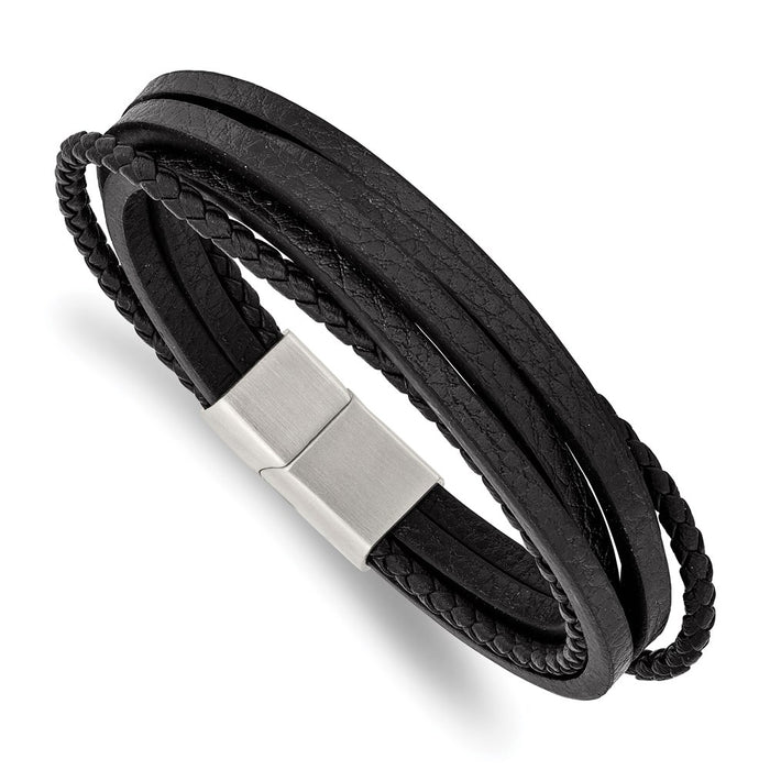 Chisel Brand Jewelry, Stainless Steel Brushed Black Leather Multi Strand 8in Bracelet