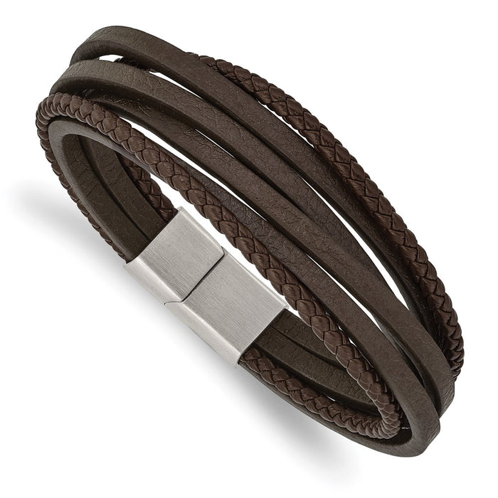Chisel Brand Jewelry, Stainless Steel Brushed Brown Leather Multi Strand 8in Bracelet
