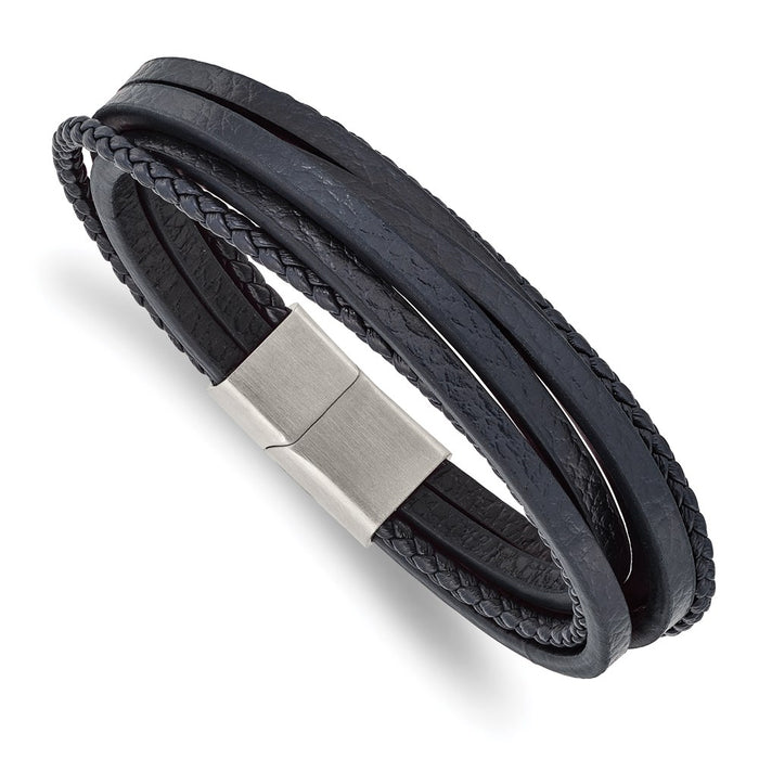 Chisel Brand Jewelry, Stainless Steel Brushed Navy Blue Leather Multi Strand 8in Bracelet