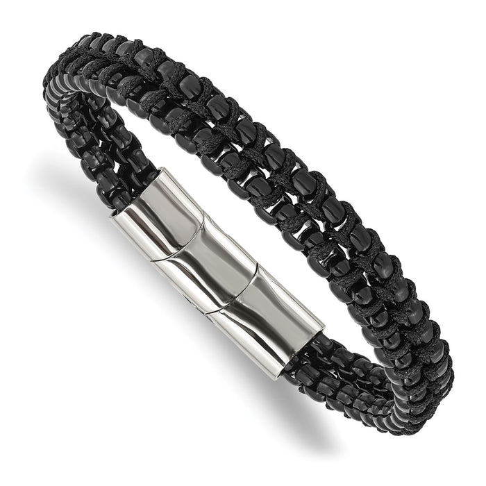 Chisel Brand Jewelry, Stainless Steel Polished Black IP with Black Cotton with .5in ext. 8.5in Men's Bracelet