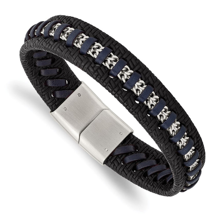 Chisel Brand Jewelry, Stainless Steel Polished Black and Blue Leather 8.5in Men's Bracelet