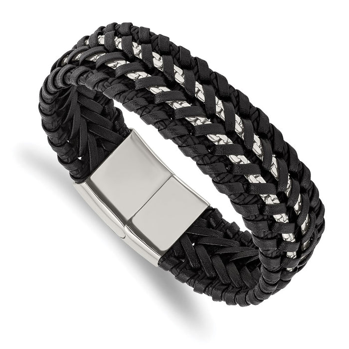 Chisel Brand Jewelry, Stainless Steel Polished Black Woven Leather and Chain 8.5in Men's Bracelet