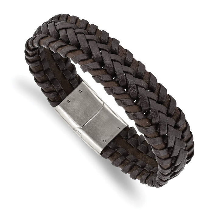 Chisel Brand Jewelry, Stainless Steel Polished Braided Brown Leather 8.5in Men's Bracelet