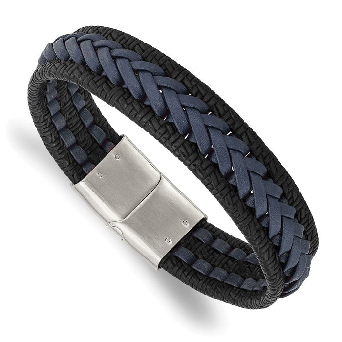 Chisel Brand Jewelry, Stainless Steel Polished Black/Blue Braided Leather 8.25in Men's Bracelet