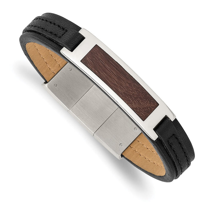 Chisel Brand Jewelry, Stainless Steel Polished with Wood Inlay Black Leather with .5in ext Bracelet