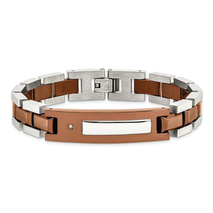 Chisel Brand Jewelry, Stainless Steel Brown IP-plated with Diamond 8.5in Men's Bracelet