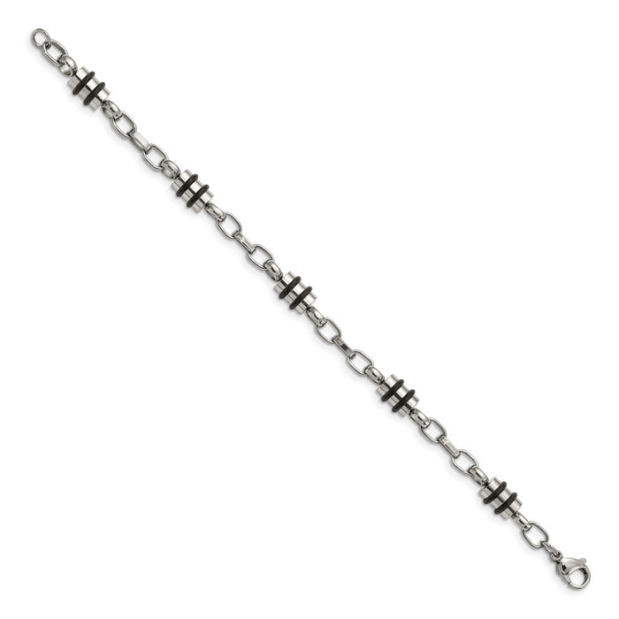 Chisel Brand Jewelry, Stainless Steel Rubber Accent Barrel Link 8in Bracelet