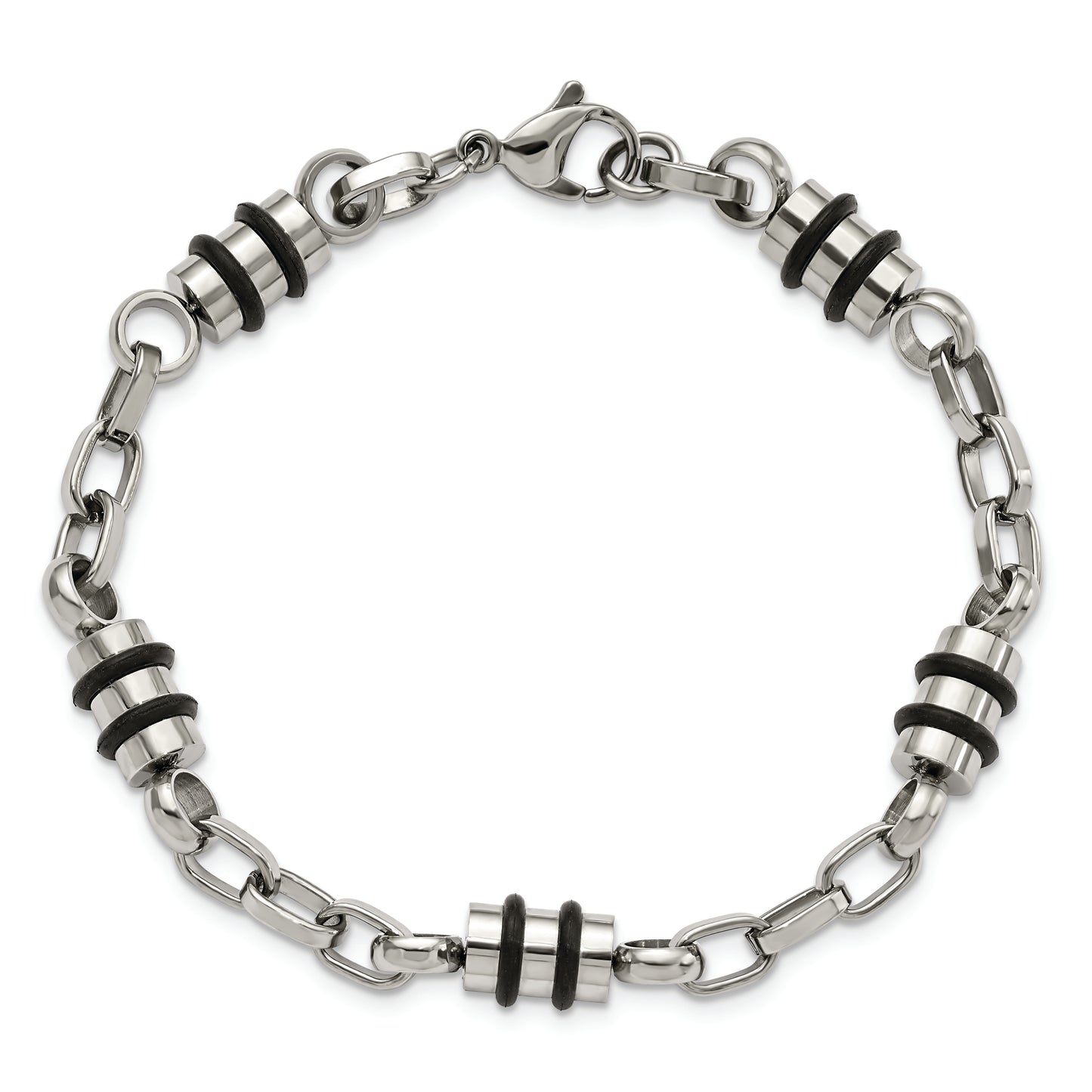 Chisel Brand Jewelry, Stainless Steel Rubber Accent Barrel Link 8in Bracelet