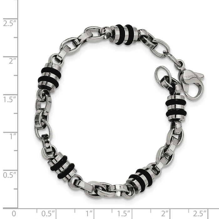 Chisel Brand Jewelry, Stainless Steel Rubber Accent Barrel Link 8in Bracelet