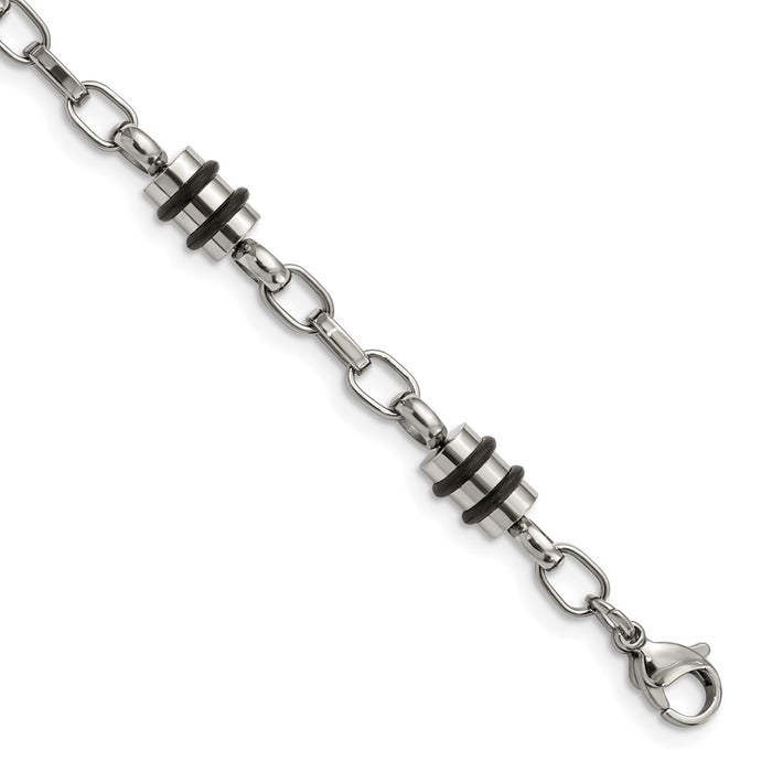 Chisel Brand Jewelry, Stainless Steel Rubber Accent Barrel Link 8in Bracelet